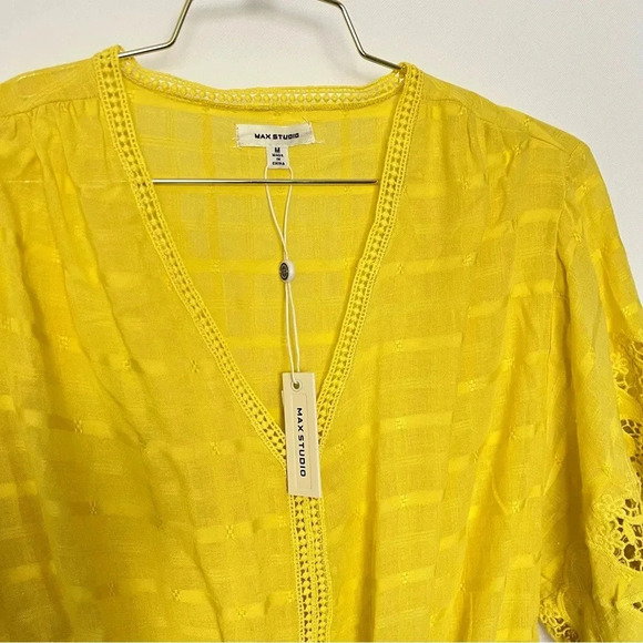 Max Studio Flounce Sleeve Top Knot Front Lace Size Medium Yellow Cotton Blend - Picture 7 of 10